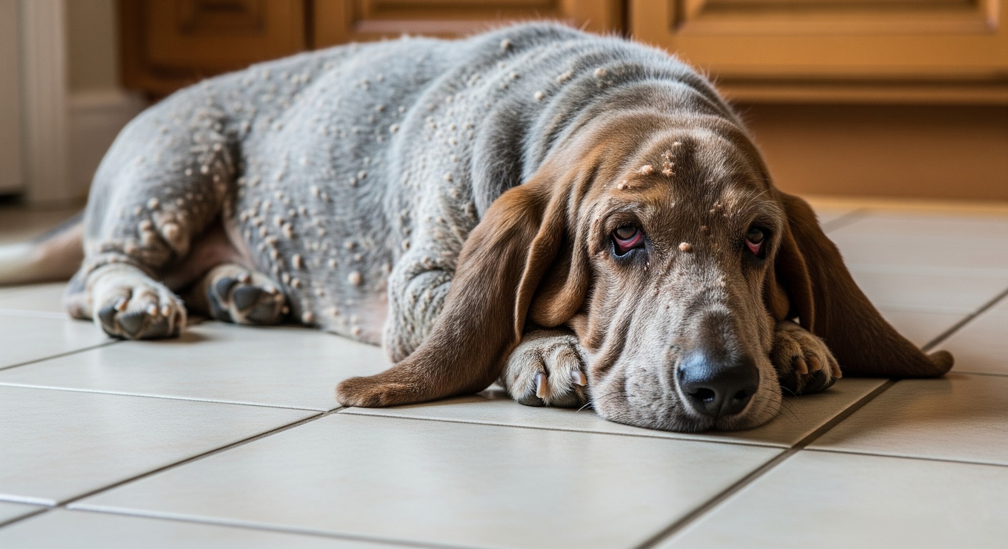 What to Expect When Treating Mange? 3 A basset hound with mange lying on a tiled floor, showing patchy fur loss and skin bumps.