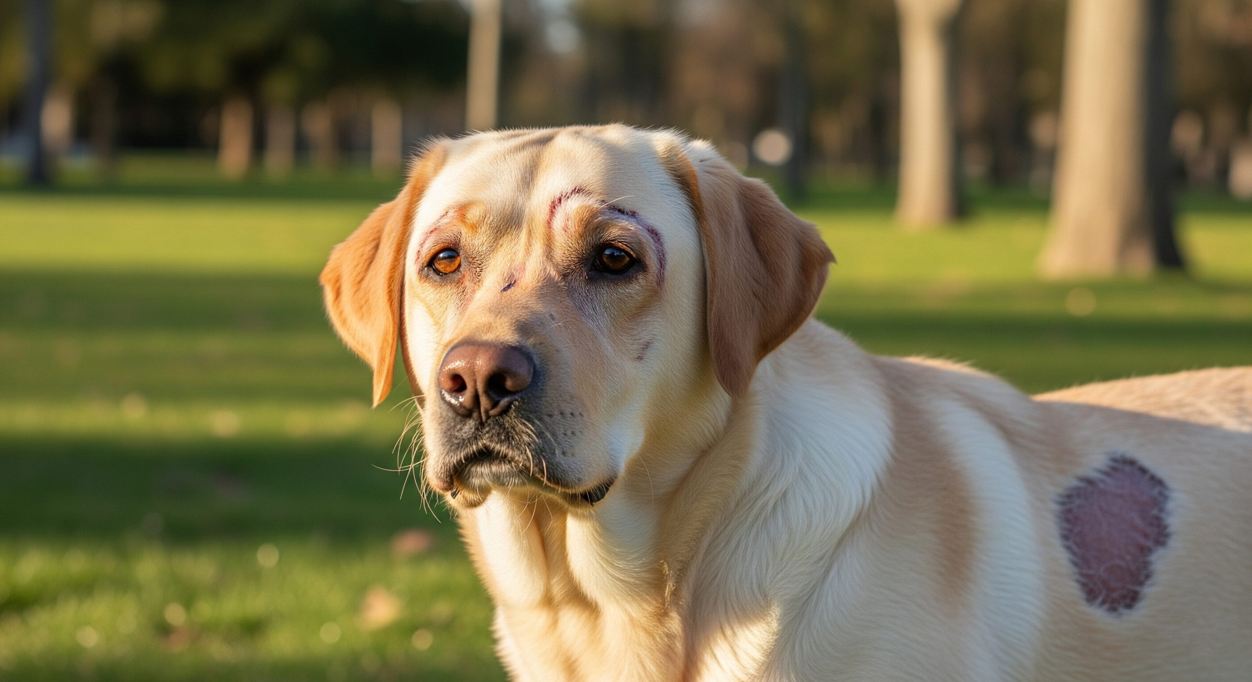 What to Expect When Treating Mange? 2 A yellow labrador with mange showing hair loss and irritated skin on its body and face.