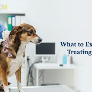 A vet treating a dog with mange, applying mange treatment medication to irritated skin on the dog's neck.