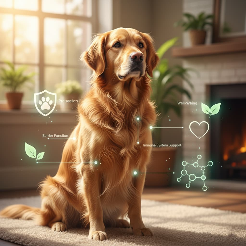 Golden retriever sitting in a cozy living room with illustrated icons highlighting skin protection, immune support, and overall pet wellness.